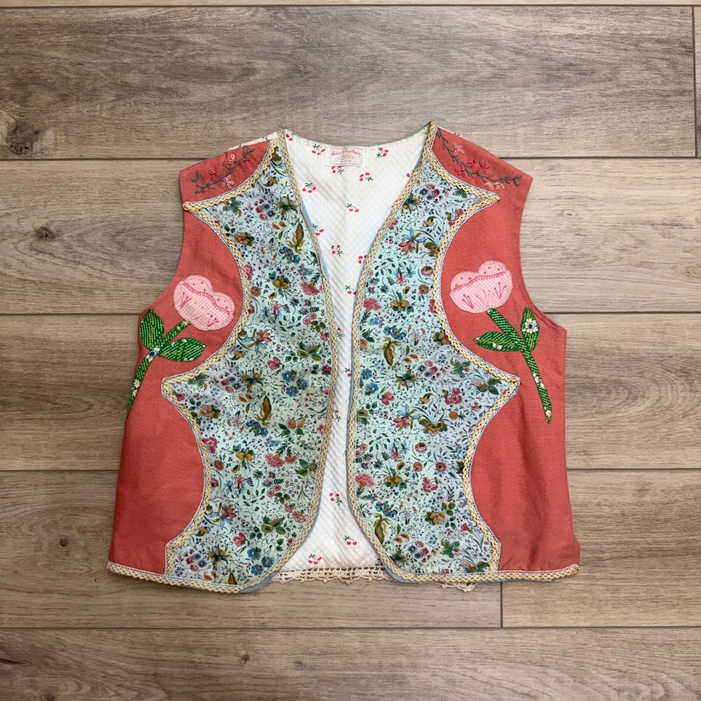 Vintage Handmade Floral Patchwork Vest Embroidered Bird Cottagecore Coral Blue